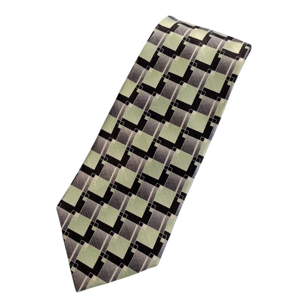 Covington 100% Silk Tie Green Black Grey Geometric Print